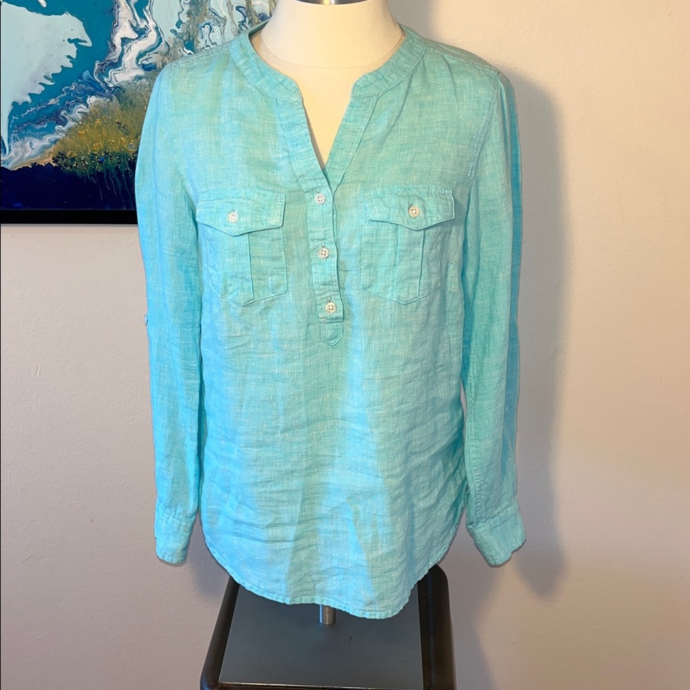 EUC Talbots Linen Band Collar Teal Blouse